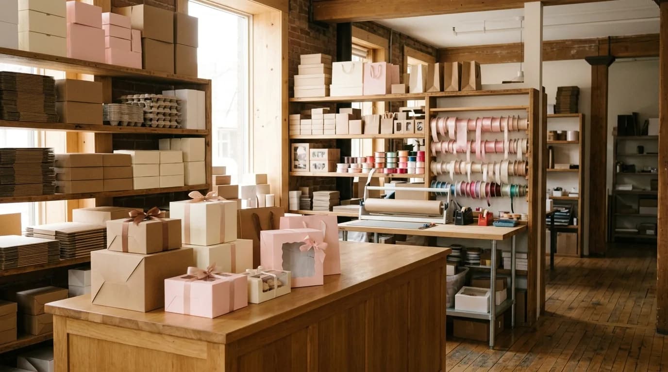 A shelf of assorted bakery boxes and ribbons at the Bakery Box & More counter