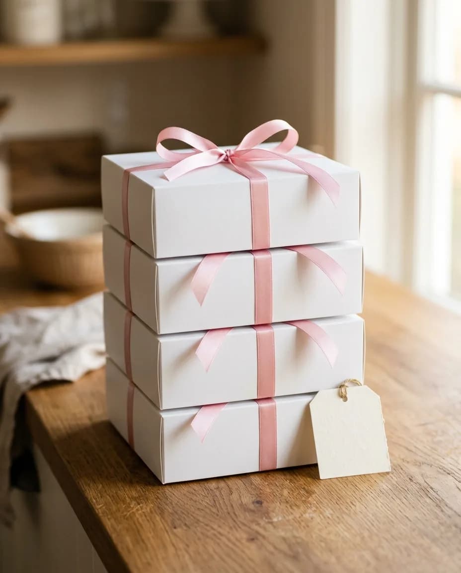 A stack of custom printed bakery boxes in soft pink and cream
